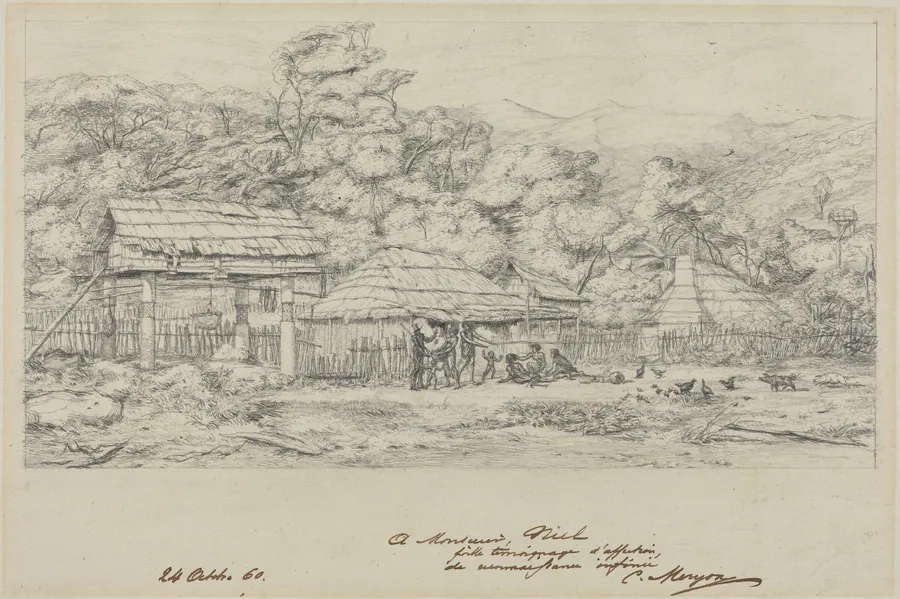 Greniers indigenes et habitations a Akaroa, presqu'Ile de Banks by Charles Meryon