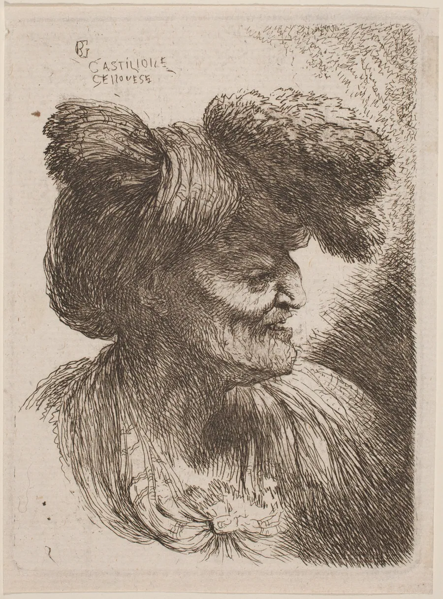 Old Man Wearing a Turban Ornamented with Fur, Facing Right by Giovanni Benedetto Castiglione