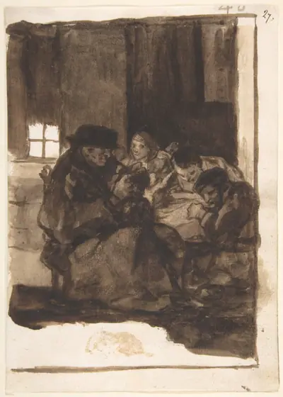 An old man delousing a boy accompanied by three figures, a cat in the foreground; page 40 from the 'Images of Spain Album (F)