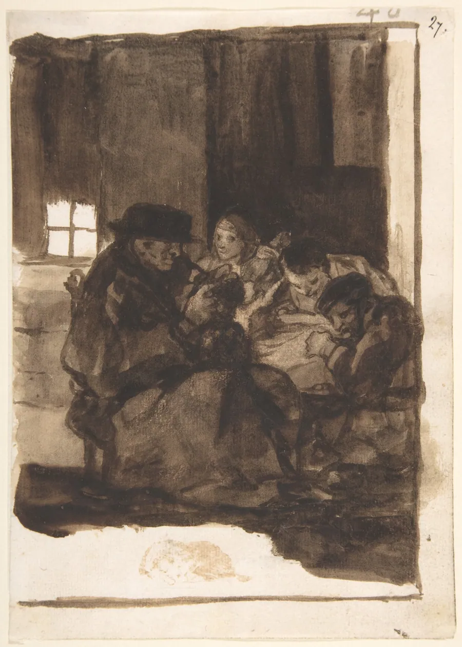 An old man delousing a boy accompanied by three figures, a cat in the foreground; page 40 from the 'Images of Spain Album (F) by Goya (Francisco de Goya y Lucientes)