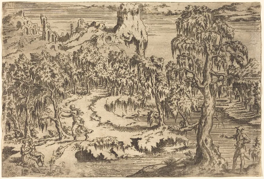 Landscape with a Woman Fleeing at the Sight of a Soldier by Léon Davent