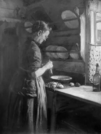 I køkkenet. Tante Nanna skræller kartofler