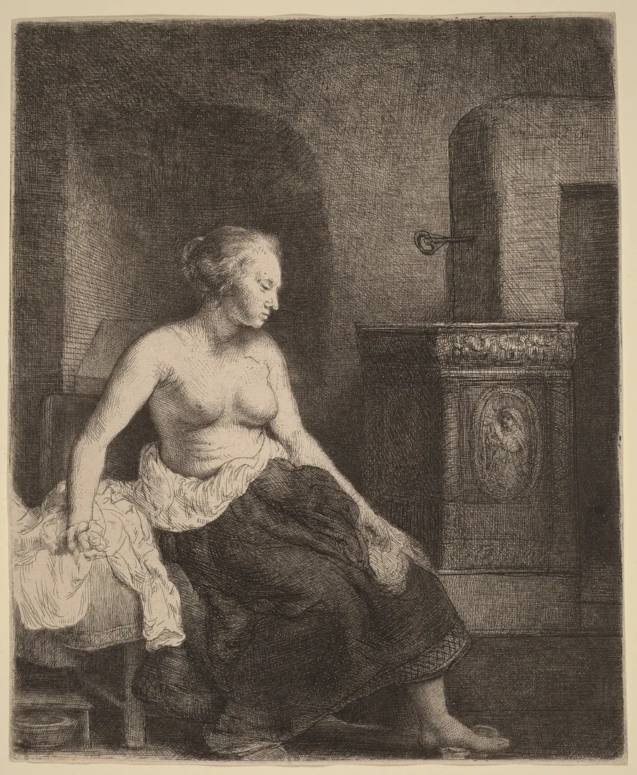 Woman Sitting Half Dressed beside a Stove by Rembrandt van Rijn