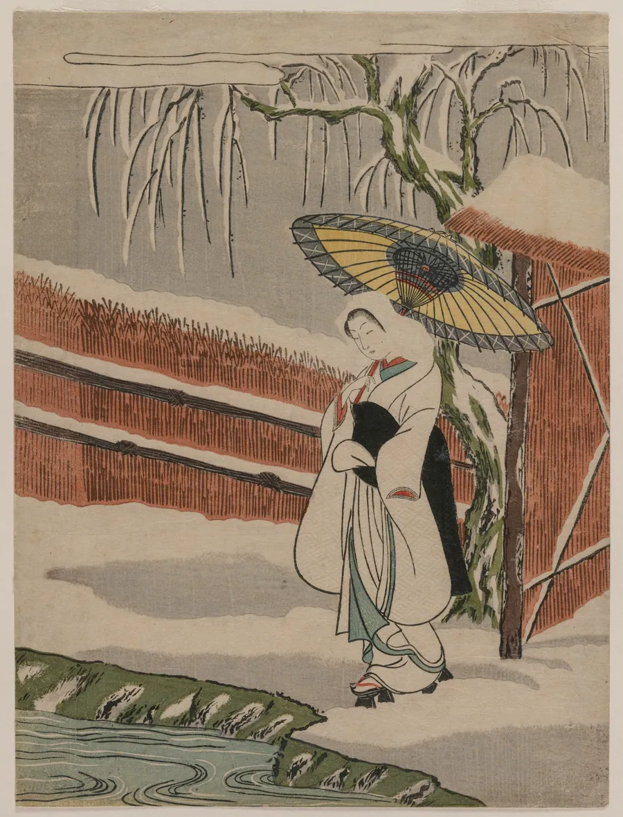 The Heron Maiden Standing Beneath a Willow Tree by Suzuki Harunobu
