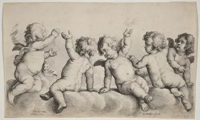 Three Cherubs and Two Boys on Clouds