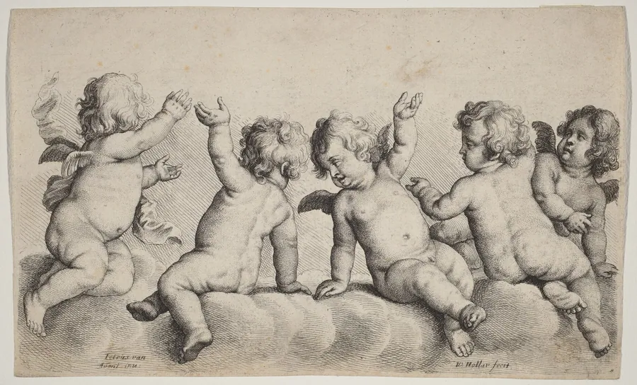 Three Cherubs and Two Boys on Clouds by Wenceslaus Hollar