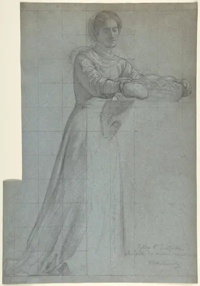 A Woman Distributing Bread from a Basket: Study for "Feed the Hungry," in the Chapel of the Seven Corporal Works of Mercy (Les Oeuvres de Miséricorde), Church of Saint-Eustache, Paris