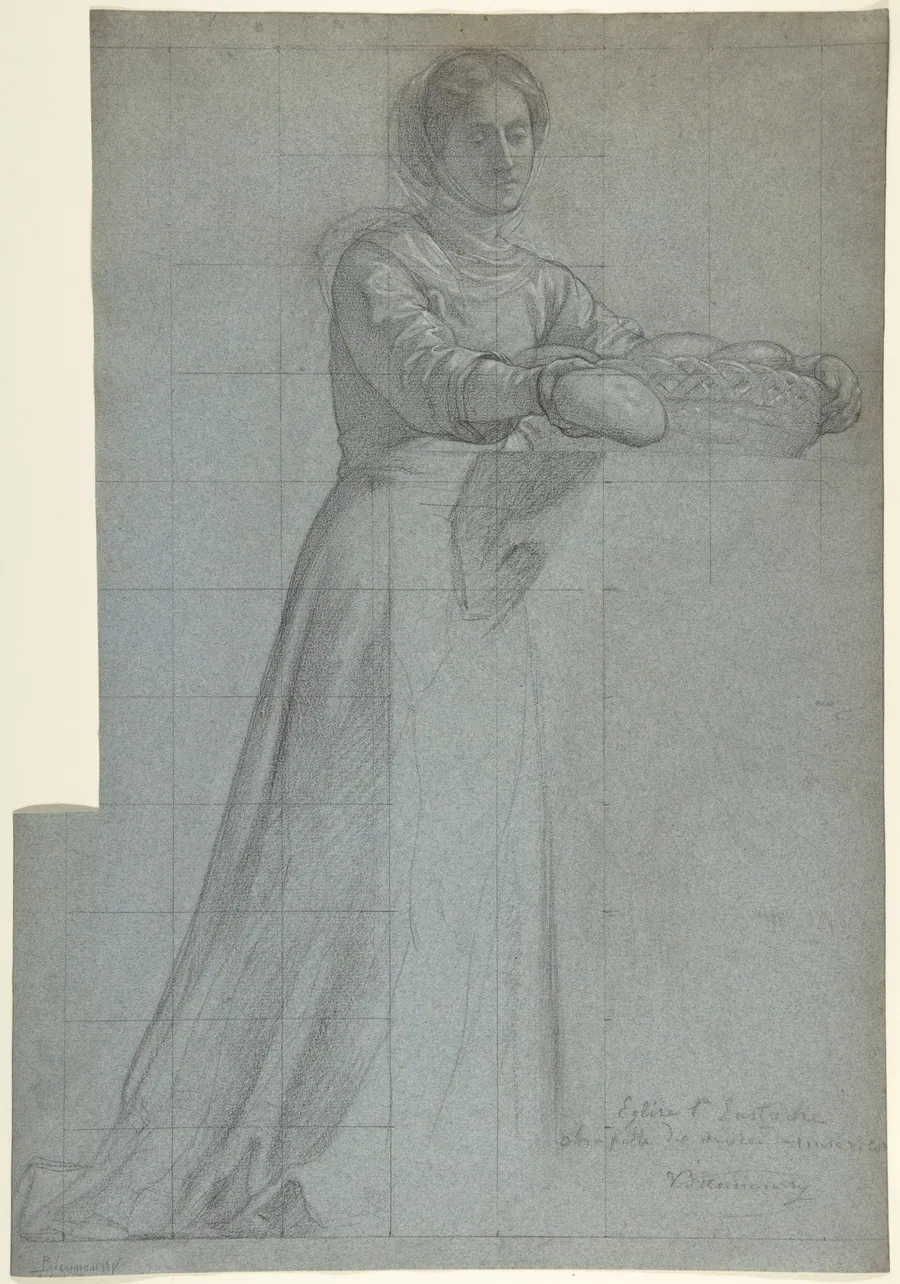 A Woman Distributing Bread from a Basket: Study for "Feed the Hungry," in the Chapel of the Seven Corporal Works of Mercy (Les Oeuvres de Miséricorde), Church of Saint-Eustache, Paris by Victor-François-Eloi Biennourry