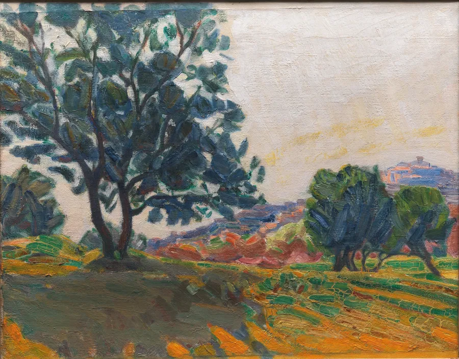 Olivenlunden. Cagnes by i baggrunden. Mod lyset by Niels Larsen Stevns