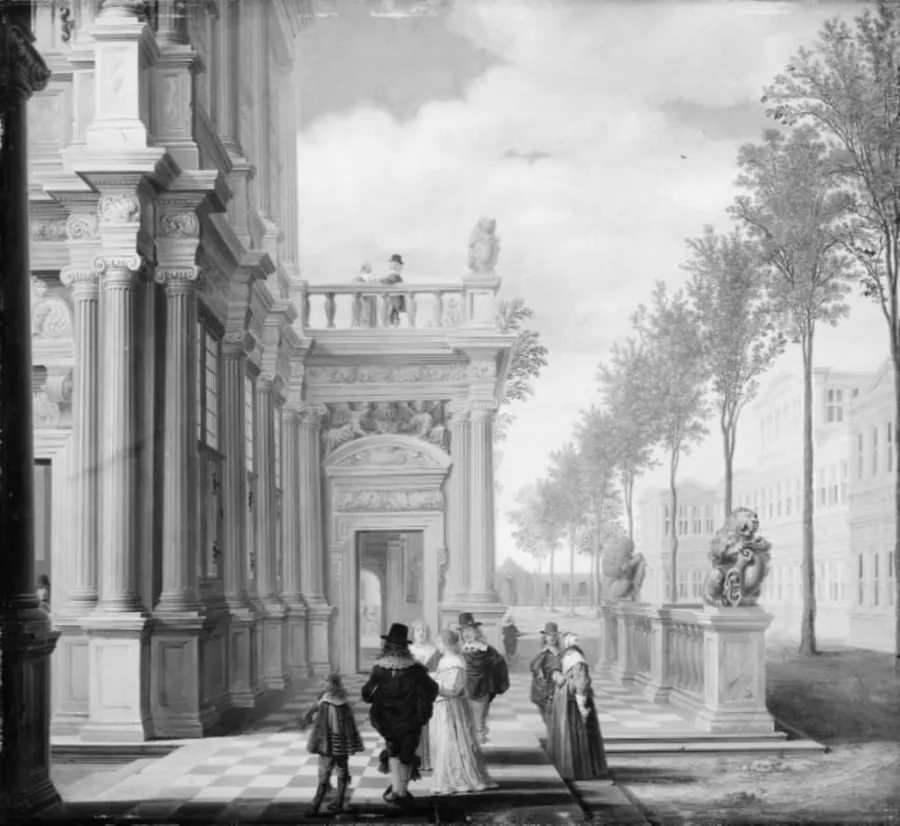 Paladsbygninger med konverserende selskab i det frie by Dirck van Delen