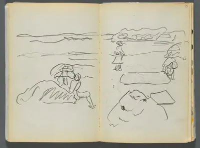 Sketchbook- The Granite Shore Hotel, Rockport, page 094 & 95: Beach View with Figures