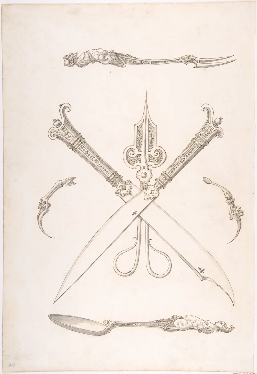 Design for Spoon, Fork, Two Knives (Crossed over scissors), Scissors, Ear Spoon and Toothpick by Erasmus Hornick