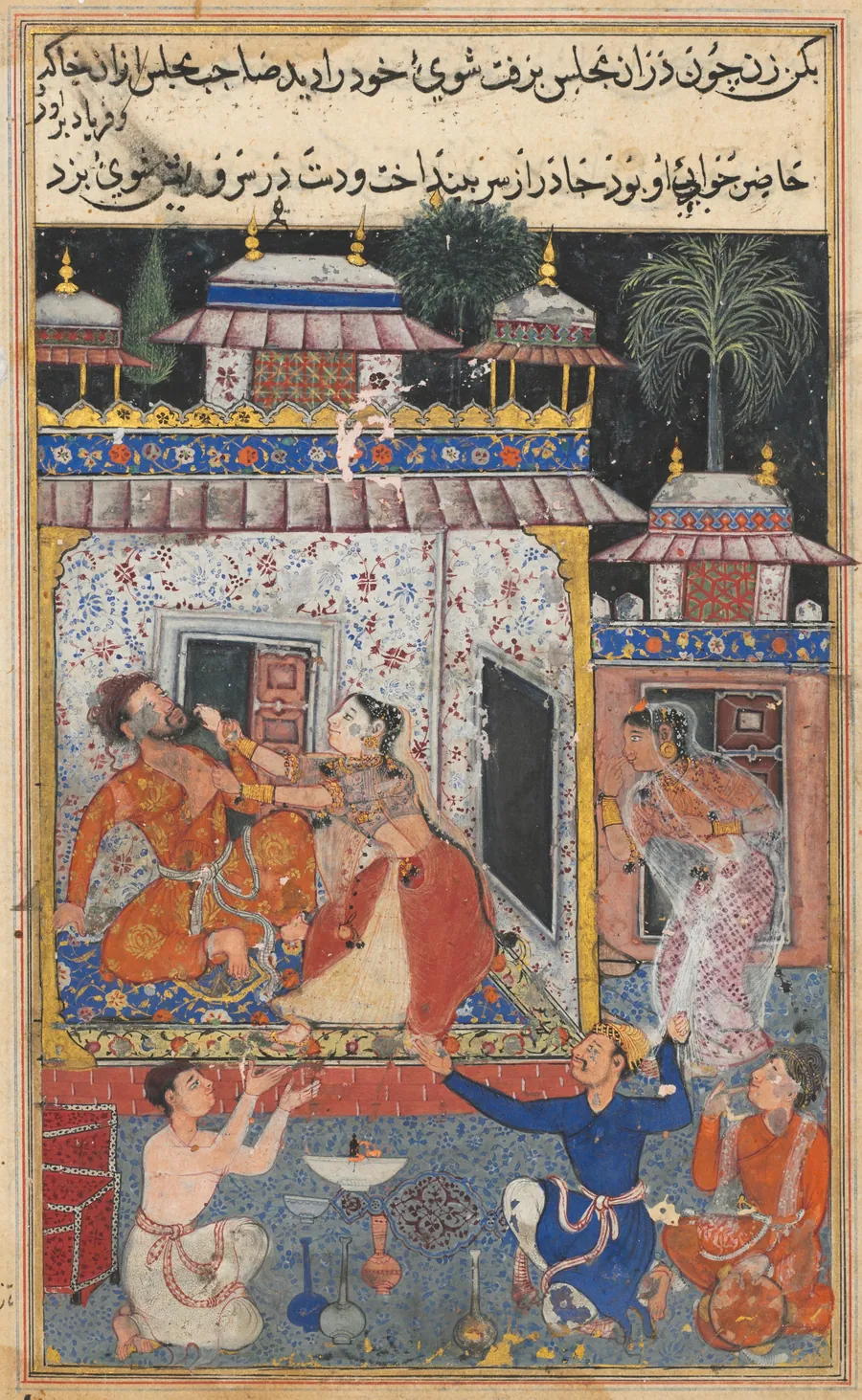 The deceitful wife assaults her erring husband, from a Tuti-nama (Tales of a Parrot): Eighth Night by Tara 1