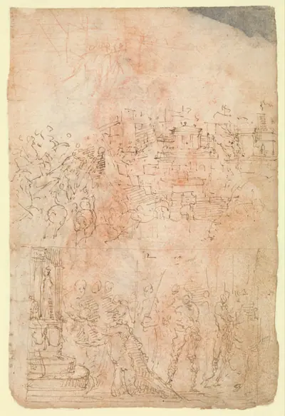 Page from a Sketchbook Depicting a City under Siege and a Scene of Homage(?) (recto); standing figures and a horseman; male and female figures; a battle scene (verso)