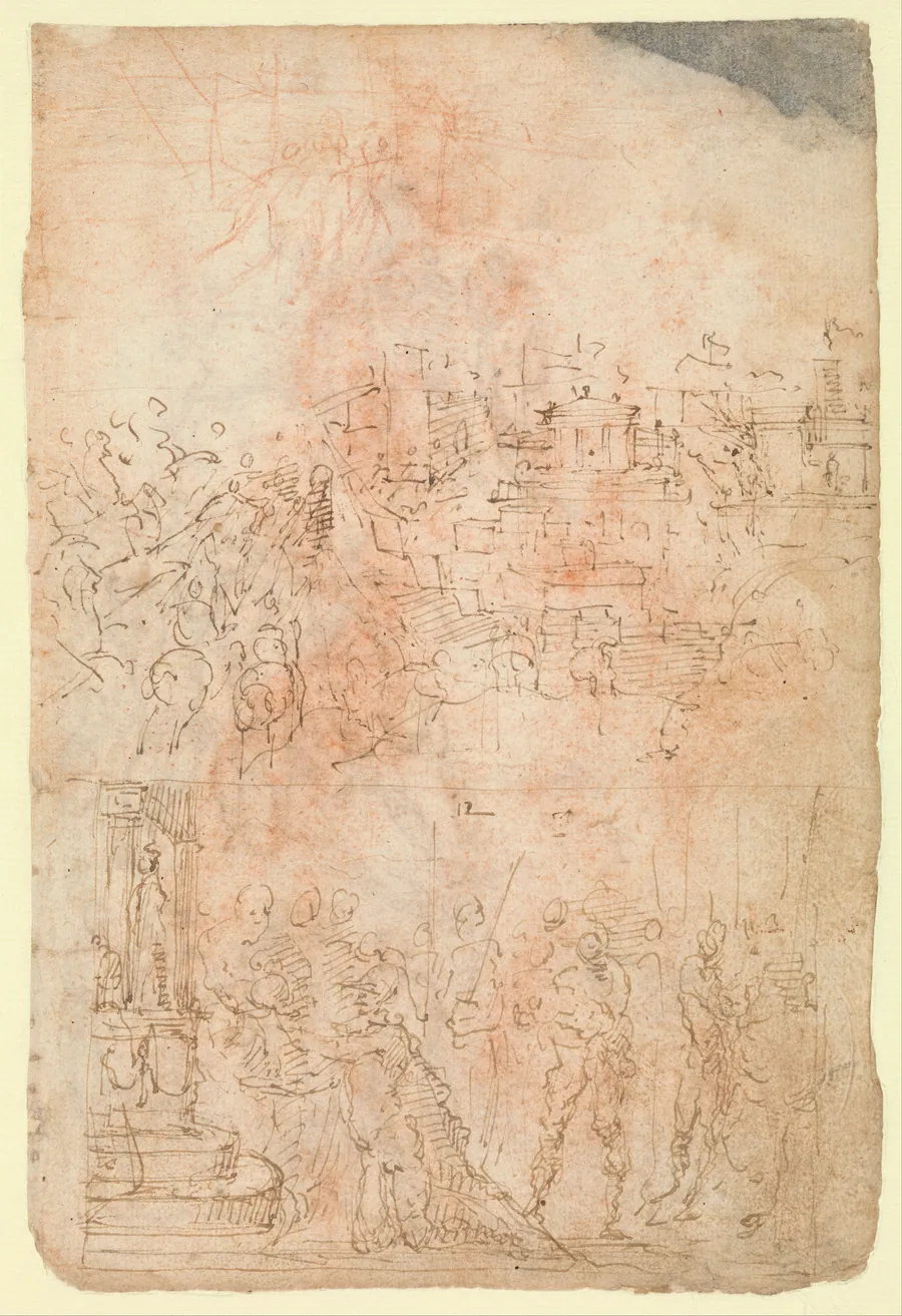 Page from a Sketchbook Depicting a City under Siege and a Scene of Homage(?) (recto); standing figures and a horseman; male and female figures; a battle scene (verso) by Domenico Beccafumi