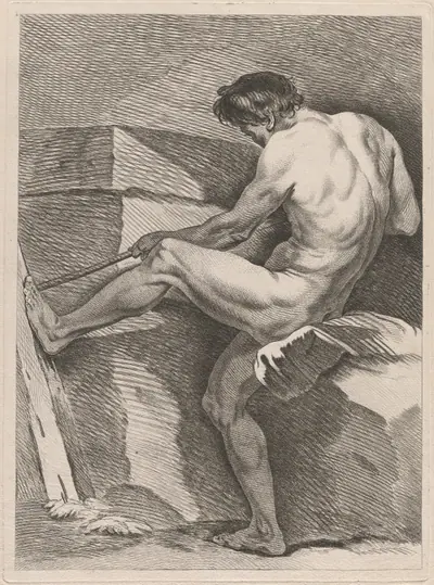 Man Pulling a Rope, His Foot Braced