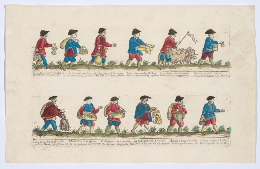 Plate 7 depicting the trades of Rome, here including vendors of books, chestnuts, portraits etc, from the 'Descrición de las artes que se llaman para los calles de la ciudad de Roma' by Giovanni Ambrogio Brambilla