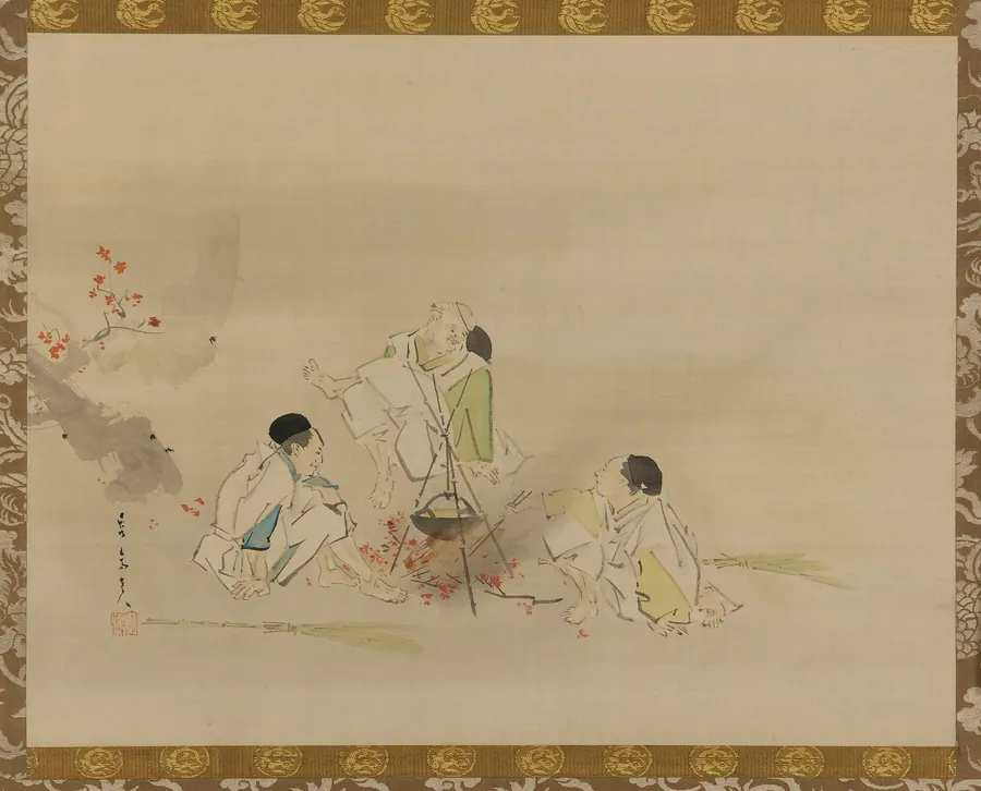 Three gardeners of the Emperor Takakura heating sake over a fire of maple leaves by Kikuchi Yosai 菊池容斎 (1788-1878)
