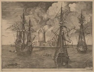 Four-Master (Left) and Two Three-Masters Ancored Near a Fortified Island with a Lighthouse