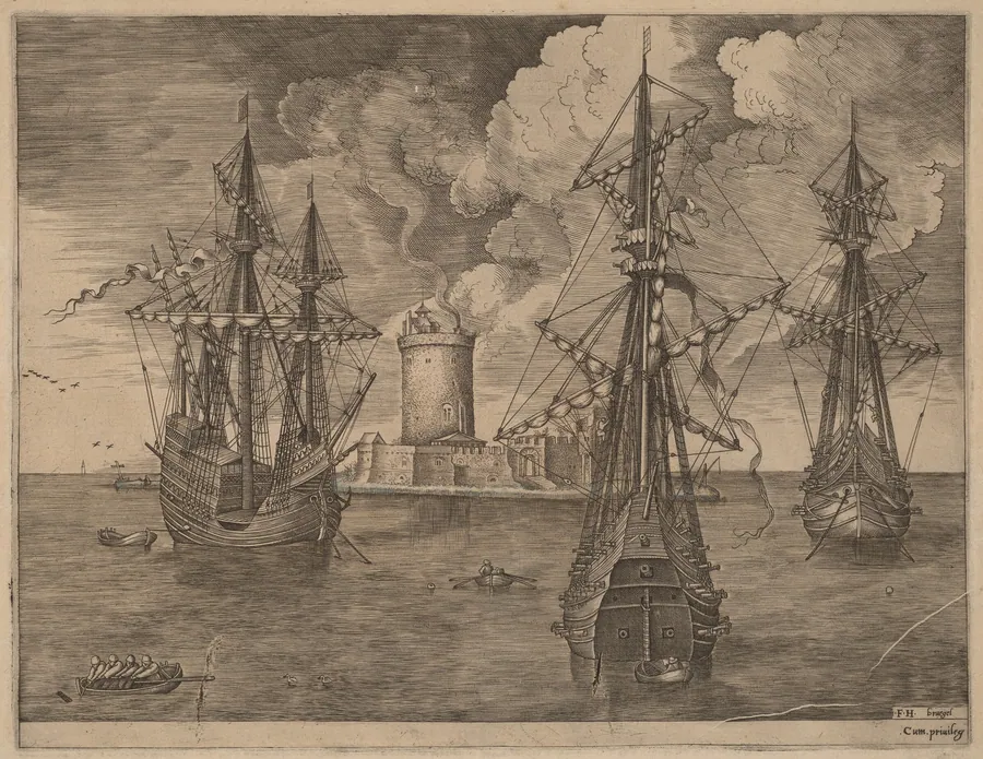 Four-Master (Left) and Two Three-Masters Ancored Near a Fortified Island with a Lighthouse by Frans Huys
