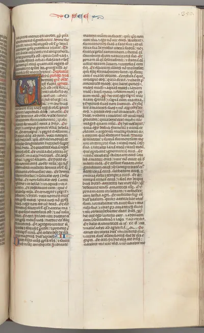 Fol. 350r, Hosea, historiated initial V, Hosea preaching to three men.