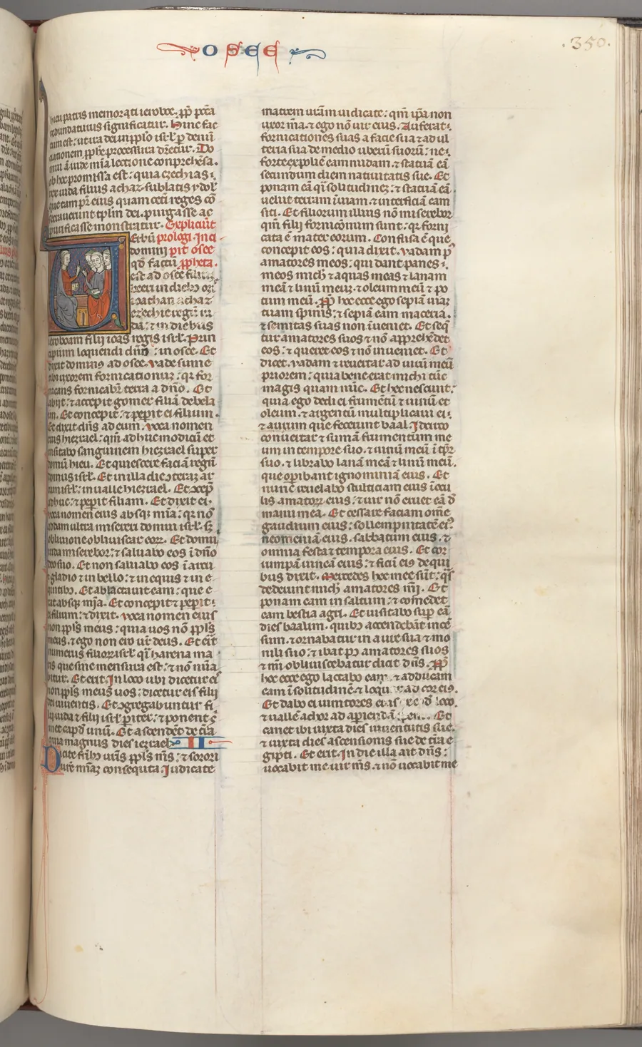 Fol. 350r, Hosea, historiated initial V, Hosea preaching to three men.
